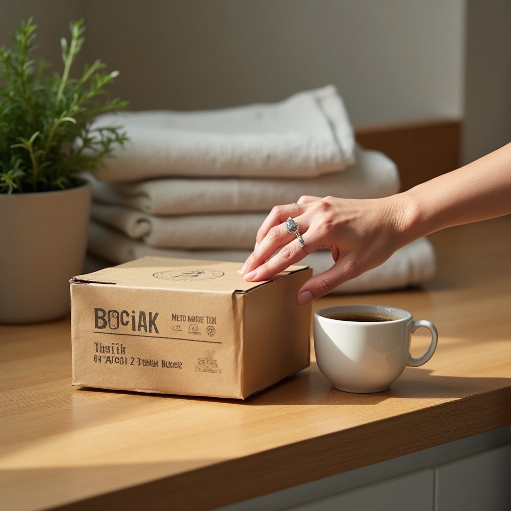 A hand placing a coffee subscription box next to a half-finished cup on a kitchen counter