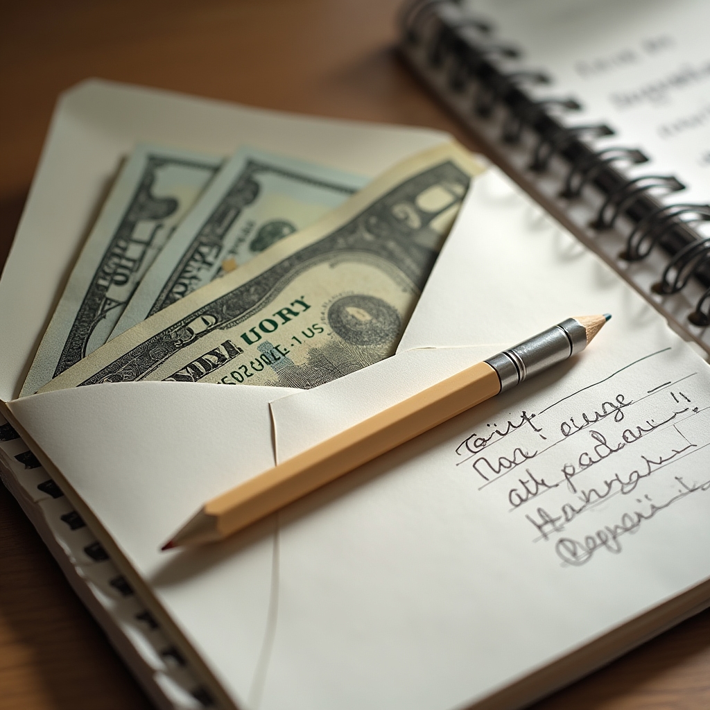 An open envelope of cash savings beside a notebook with handwritten budget calculations