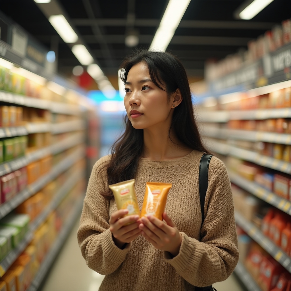 A shopper pausing in a grocery aisle, comparing two similar products before placing one in the cart