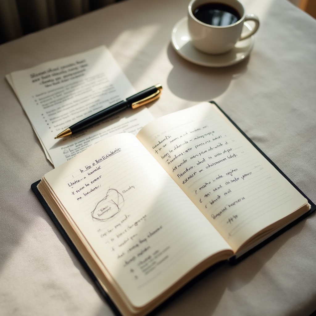 An open reflection journal with handwritten notes beside a pen and a folded case study printout