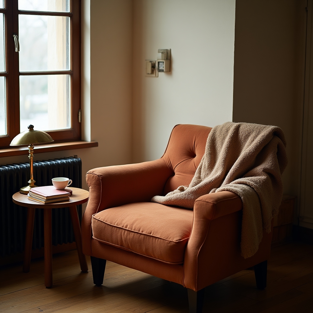 A quiet armchair beside a window with a book and a cup of tea resting on a small side table