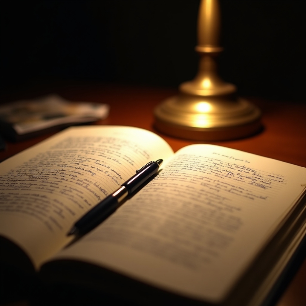 An open notebook with handwritten reflections beside a warm desk lamp in a quiet study corner